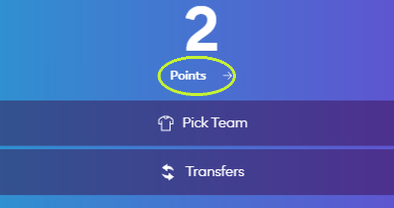 หน้าแรก FPL: ปุ่ม Points อยู่ใต้ตัวเลขคะแนน มีวงกลมชี้ไว้